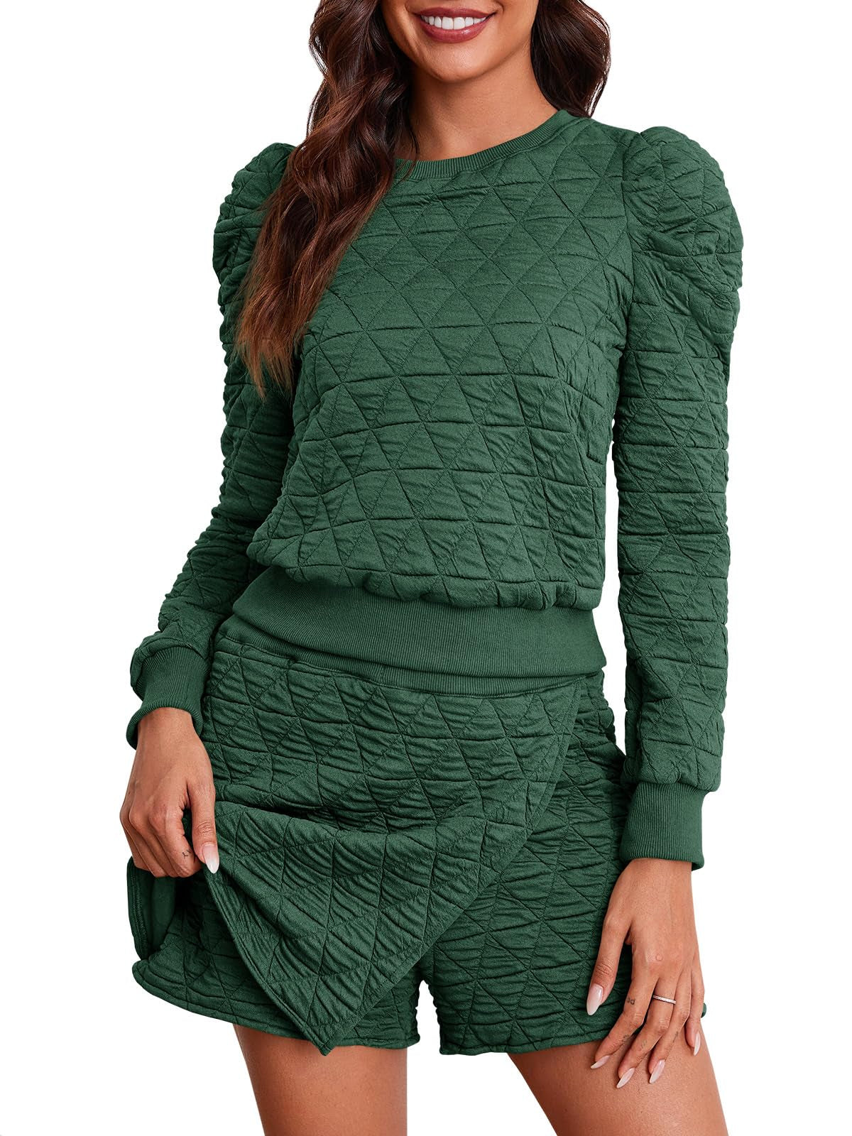 Fisoew Women's 2 Piece Lounge Wear Set Long Sleeve Argyle Sweatshirts And Wrap Skorts Casual Sets