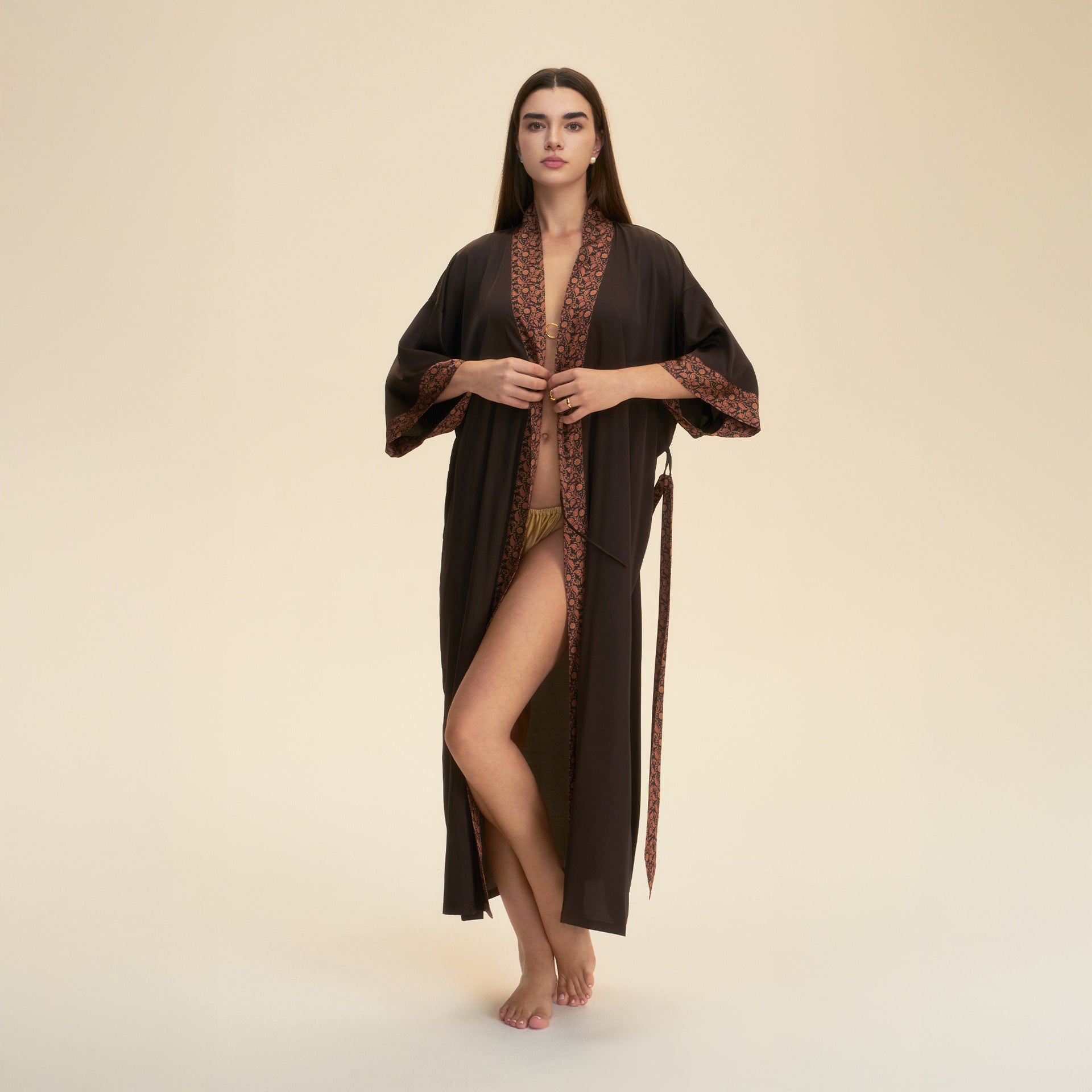 Solid-color Lace-trimmed Robe Lounge Wear Robed