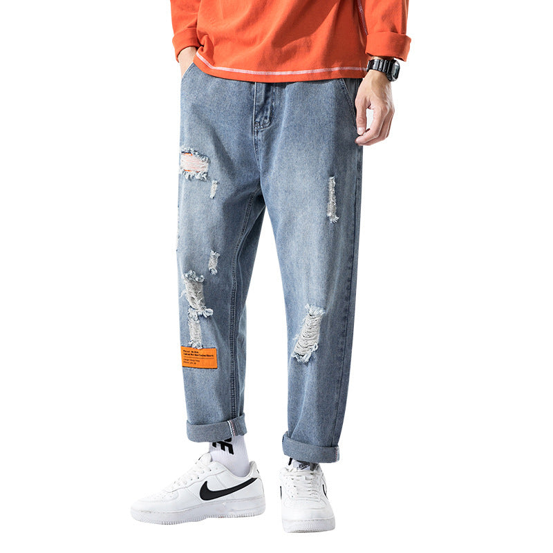 Urban Men's Wear Perforated Jeans Men's 20 Autumn Fashion Slacks