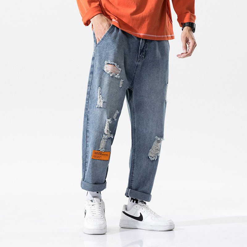 Urban Men's Wear Perforated Jeans Men's 20 Autumn Fashion Slacks