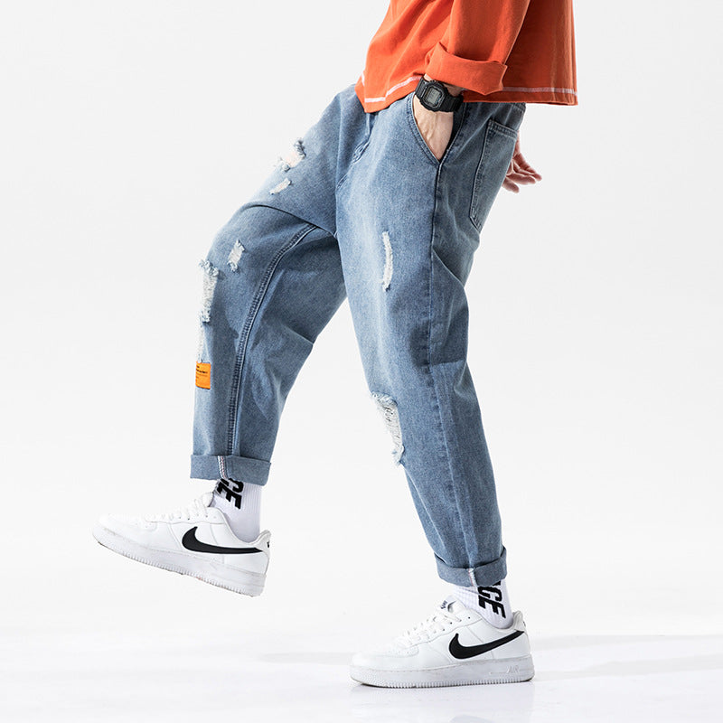 Urban Men's Wear Perforated Jeans Men's 20 Autumn Fashion Slacks