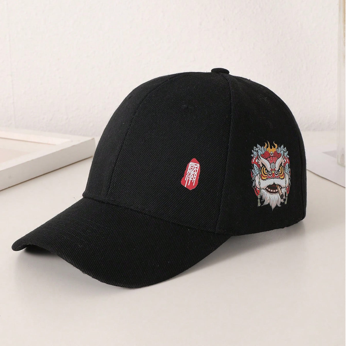 Men's Black And White Printed Chinese-style Lion-themed Large-sized Sun-protective, Fashionable And Versatile Baseball Cap, Suitable For Daily Use, Outdoor Activities And Street Play.