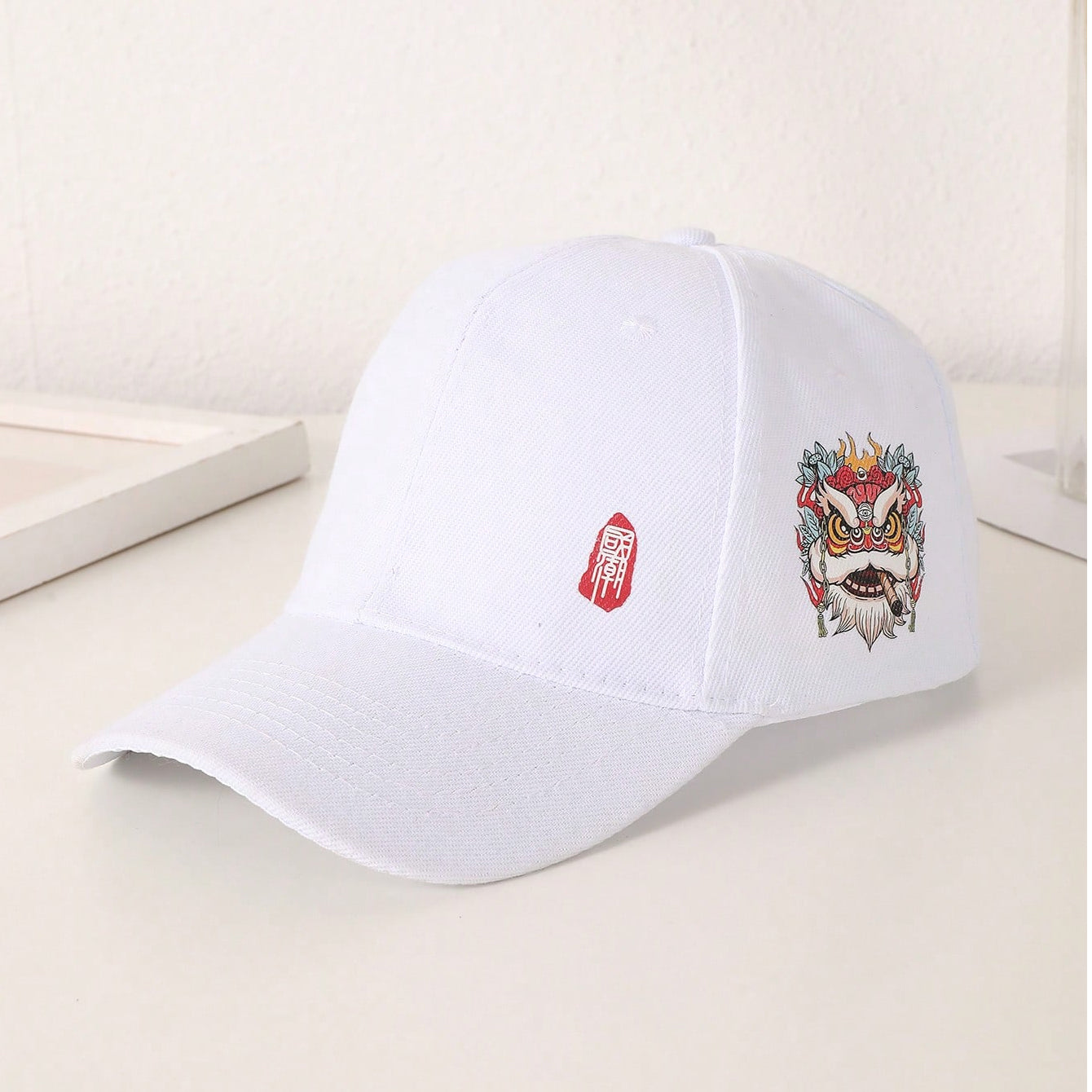 Men's Black And White Printed Chinese-style Lion-themed Large-sized Sun-protective, Fashionable And Versatile Baseball Cap, Suitable For Daily Use, Outdoor Activities And Street Play.