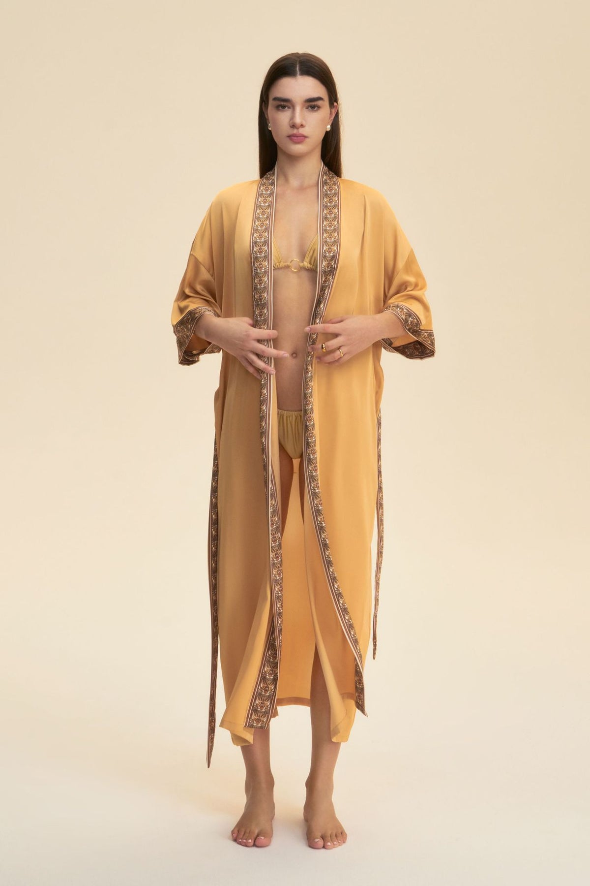 Solid-color Lace-trimmed Robe Lounge Wear Robed