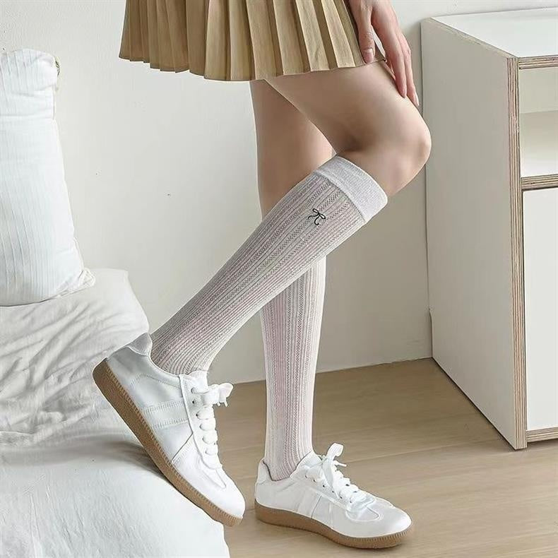 Calf Socks Summer Thin Korean Version Mesh Breathable Embroidered Bow Summer Mid To Long Tube Socks