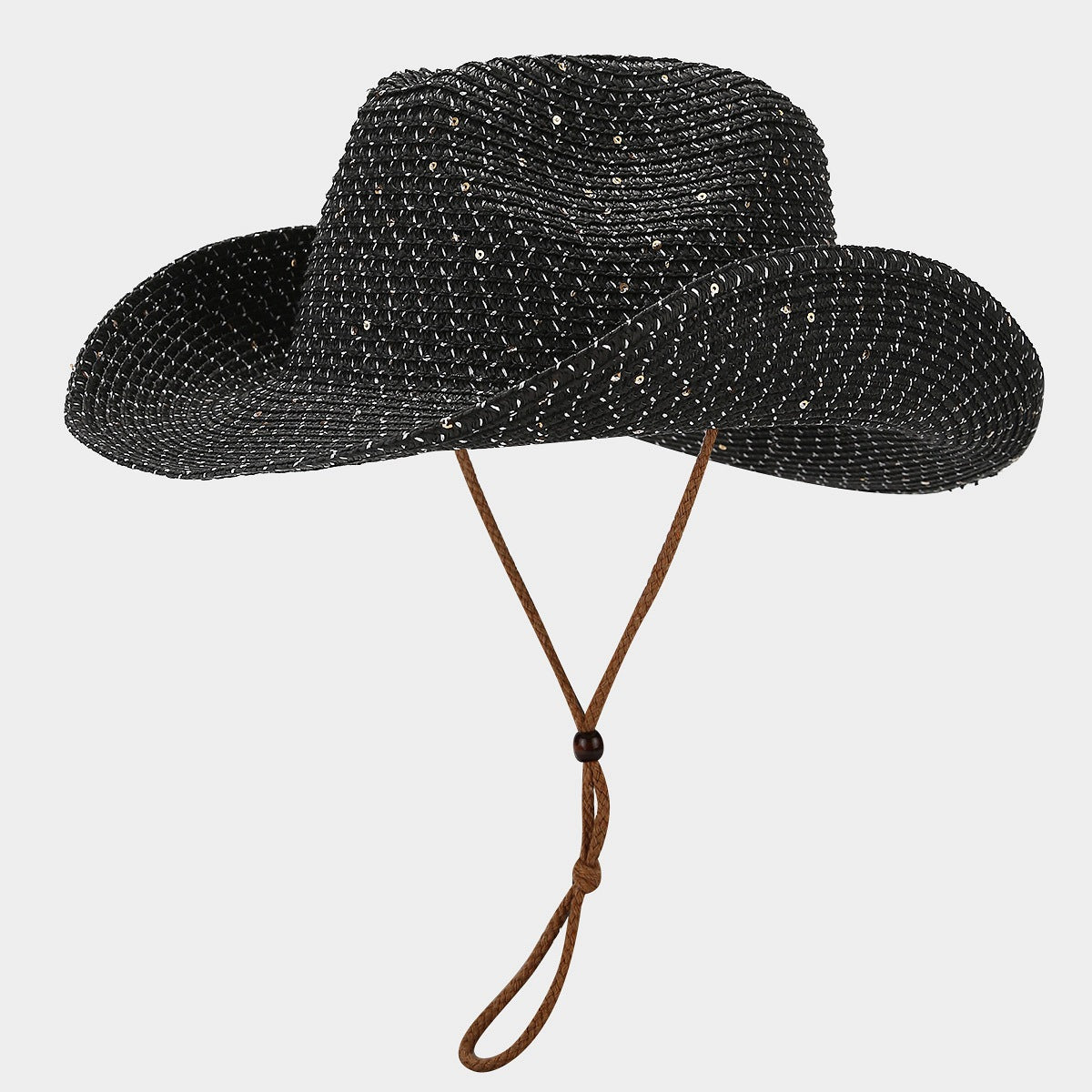 New Womens Panama Straw Weaved Sequin Windproof Sun Hat