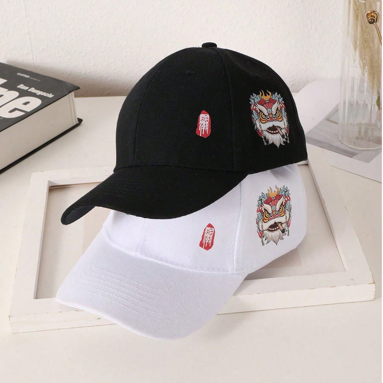 Men's Black And White Printed Chinese-style Lion-themed Large-sized Sun-protective, Fashionable And Versatile Baseball Cap, Suitable For Daily Use, Outdoor Activities And Street Play.