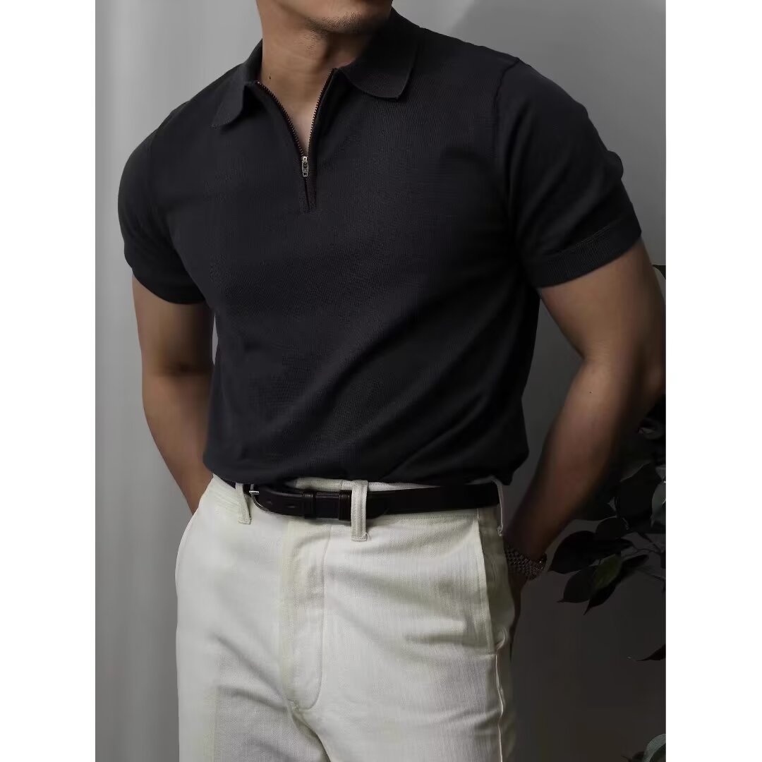 Men's Summer Short-Sleeve Simple Solid-Color Slim-Fit Knit Shirt