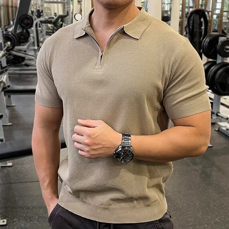 Men's Summer Short-Sleeve Simple Solid-Color Slim-Fit Knit Shirt