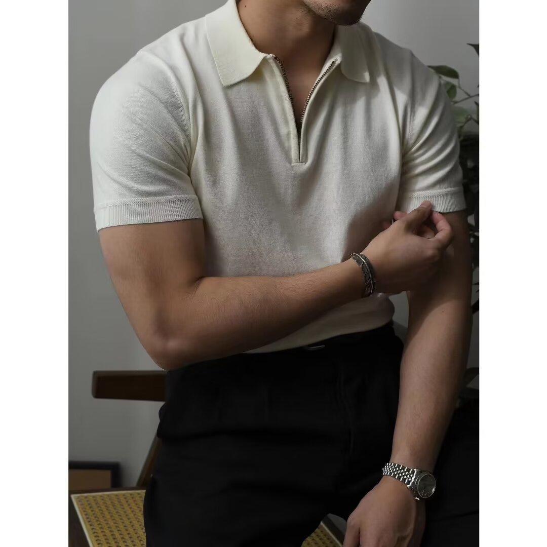 Men's Summer Short-Sleeve Simple Solid-Color Slim-Fit Knit Shirt