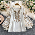 Retro Embroidered Puff Sleeve Shirt For Women