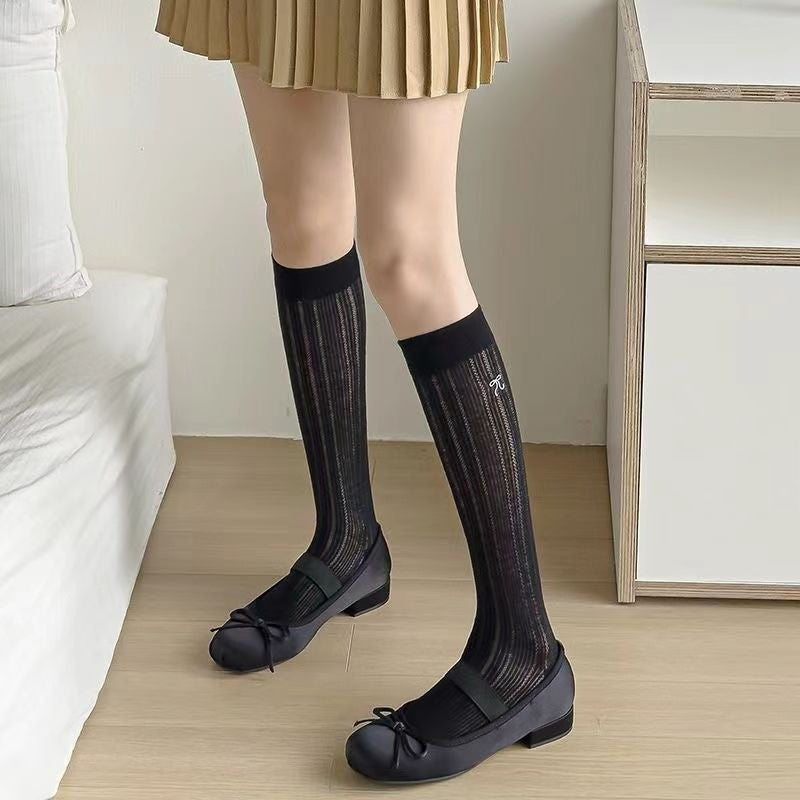 Calf Socks Summer Thin Korean Version Mesh Breathable Embroidered Bow Summer Mid To Long Tube Socks