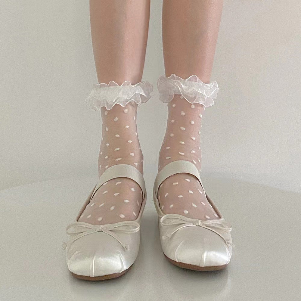 Lace Lace Mid Tube Socks Children's Mesh Polka Dots Black Fungus Edges Thin Glass Fiber Crystal Short Socks