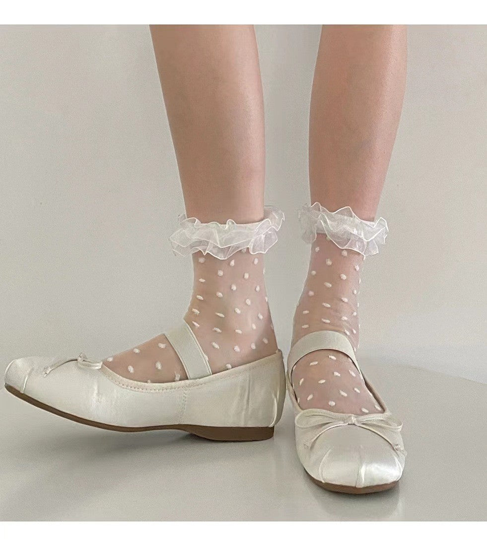 Lace Lace Mid Tube Socks Children's Mesh Polka Dots Black Fungus Edges Thin Glass Fiber Crystal Short Socks