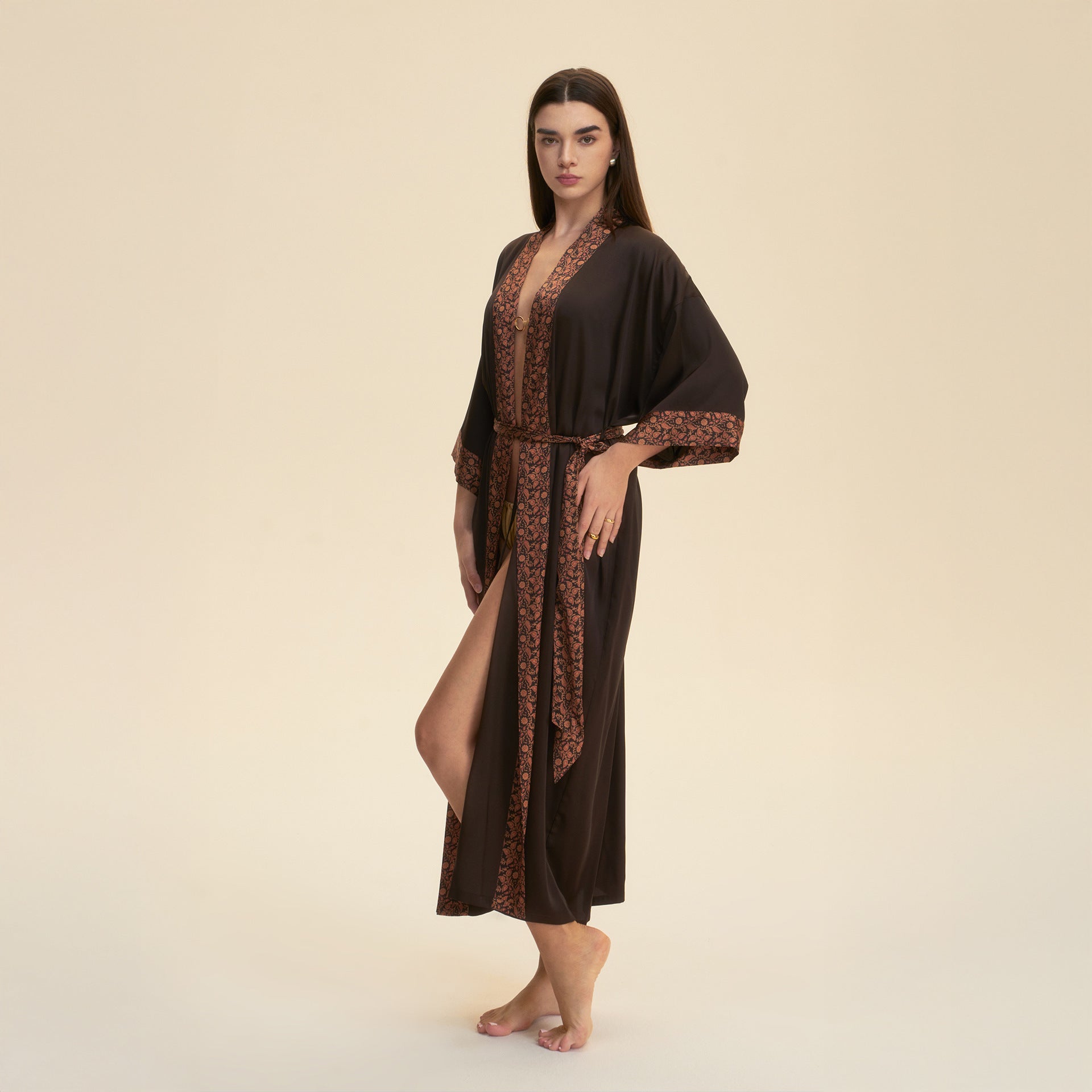 Solid-color Lace-trimmed Robe Lounge Wear Robed
