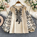 Retro Embroidered Puff Sleeve Shirt For Women