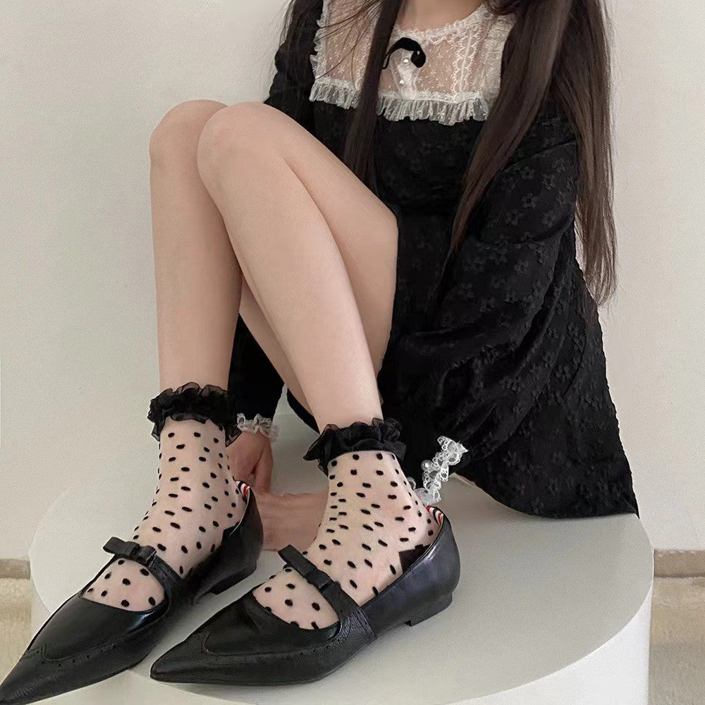 Lace Lace Mid Tube Socks Children's Mesh Polka Dots Black Fungus Edges Thin Glass Fiber Crystal Short Socks