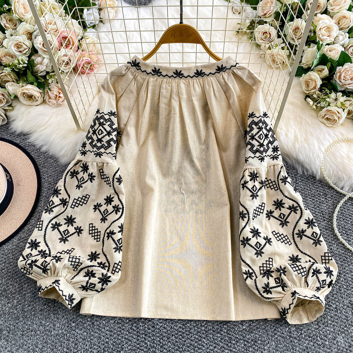 Retro Embroidered Puff Sleeve Shirt For Women