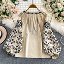 Retro Embroidered Puff Sleeve Shirt For Women