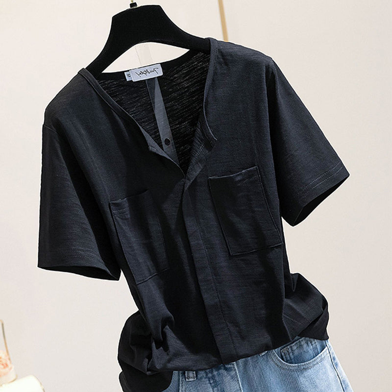 Casual Pocketed Half-Sleeve Solid-Color Chic Top