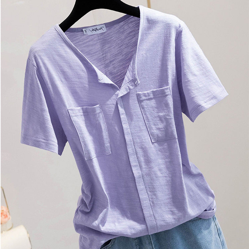 Casual Pocketed Half-Sleeve Solid-Color Chic Top