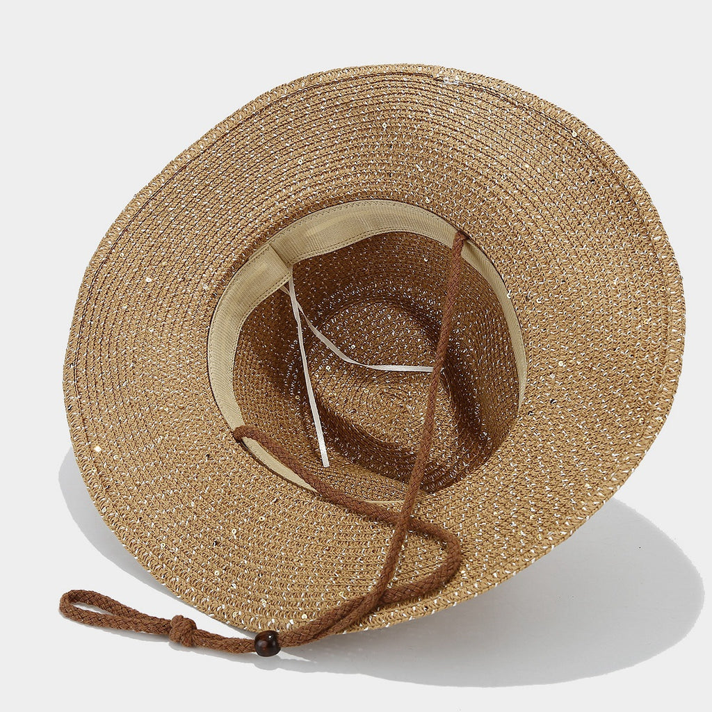New Womens Panama Straw Weaved Sequin Windproof Sun Hat