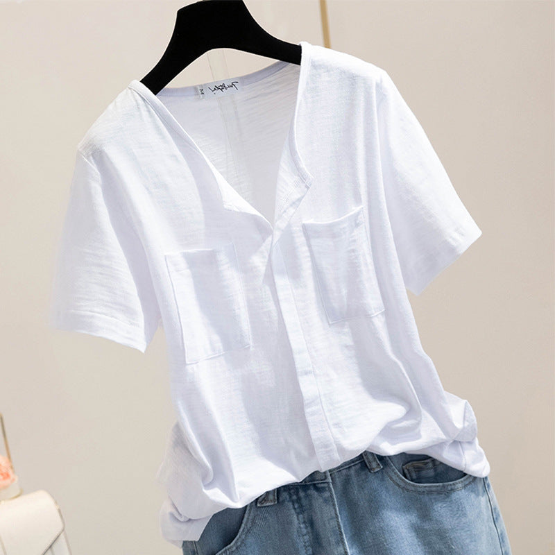 Casual Pocketed Half-Sleeve Solid-Color Chic Top