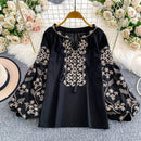 Retro Embroidered Puff Sleeve Shirt For Women