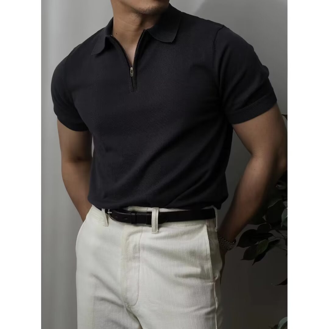 Men's Summer Short-Sleeve Simple Solid-Color Slim-Fit Knit Shirt