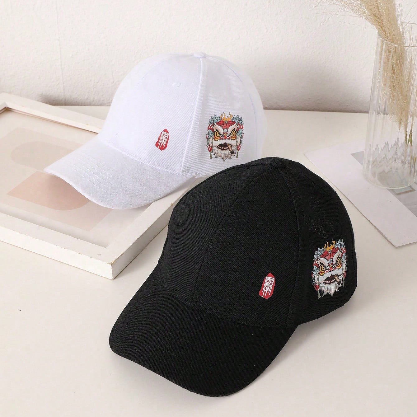 Men's Black And White Printed Chinese-style Lion-themed Large-sized Sun-protective, Fashionable And Versatile Baseball Cap, Suitable For Daily Use, Outdoor Activities And Street Play.