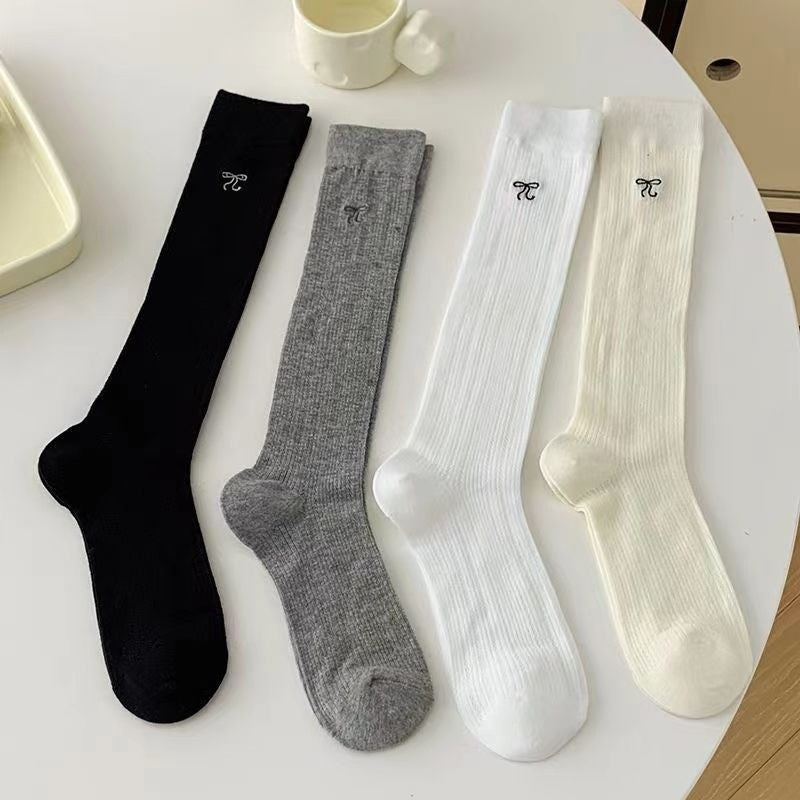 Calf Socks Summer Thin Korean Version Mesh Breathable Embroidered Bow Summer Mid To Long Tube Socks